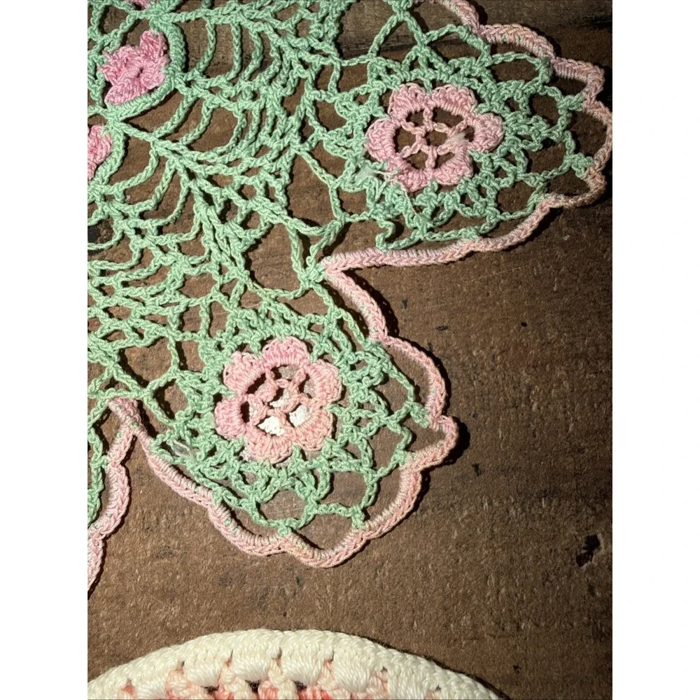 Vintage Handmade Crochet Doilies Lot Set of 3 Pink Green Purple Boho Table Decor